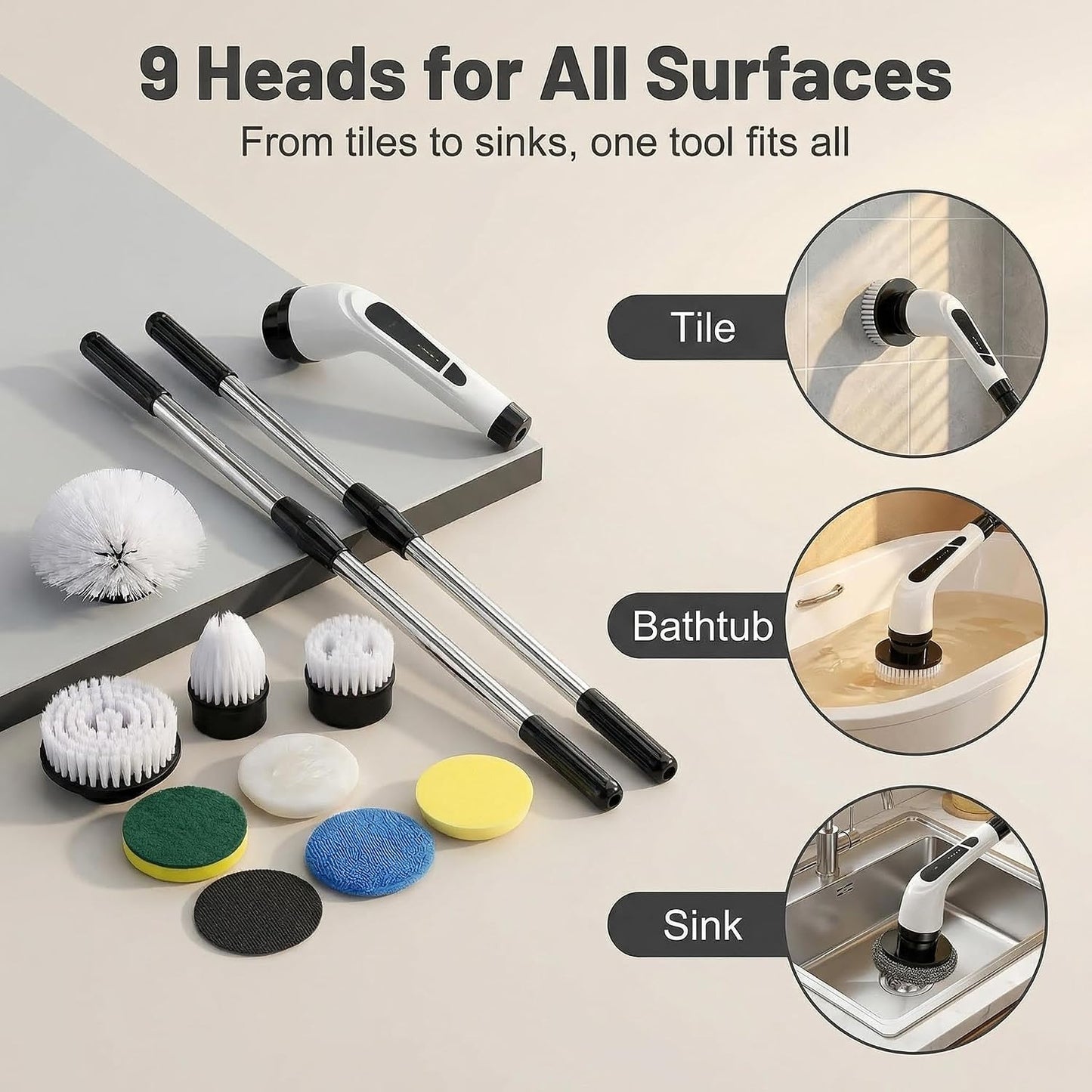 Versatile Ditch the Scrubbing! Long Handle Shower Scrubber Comes with 9 Replaceable Heads & Efficient 2 Speed Cordless Brush for Maximum Effect Long Battery Life!