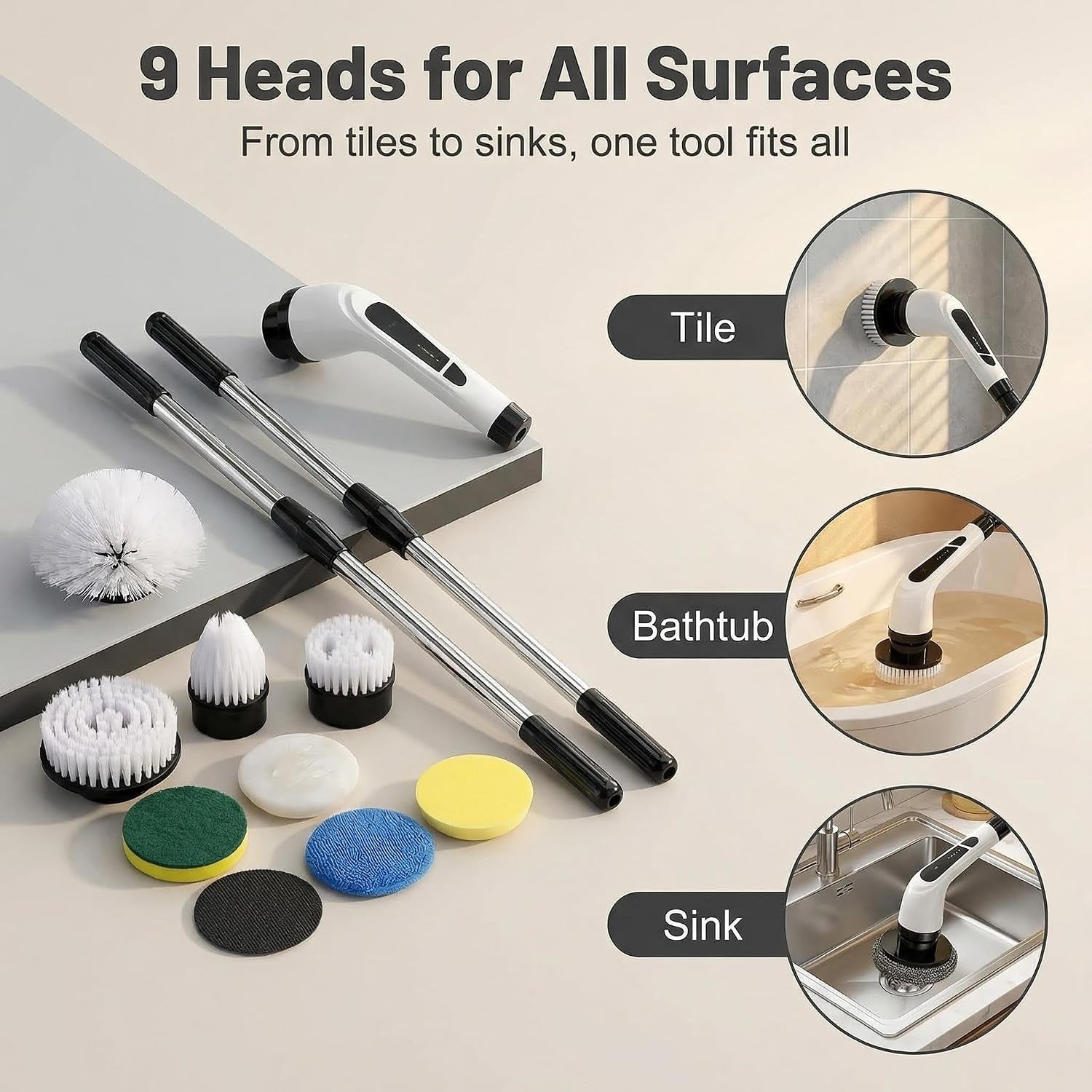 Versatile Ditch the Scrubbing! Long Handle Shower Scrubber Comes with 9 Replaceable Heads & Efficient 2 Speed Cordless Brush for Maximum Effect Long Battery Life!