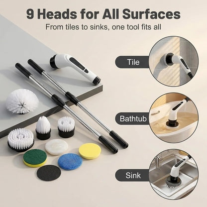 Versatile Ditch the Scrubbing! Long Handle Shower Scrubber Comes with 9 Replaceable Heads & Efficient 2 Speed Cordless Brush for Maximum Effect Long Battery Life!