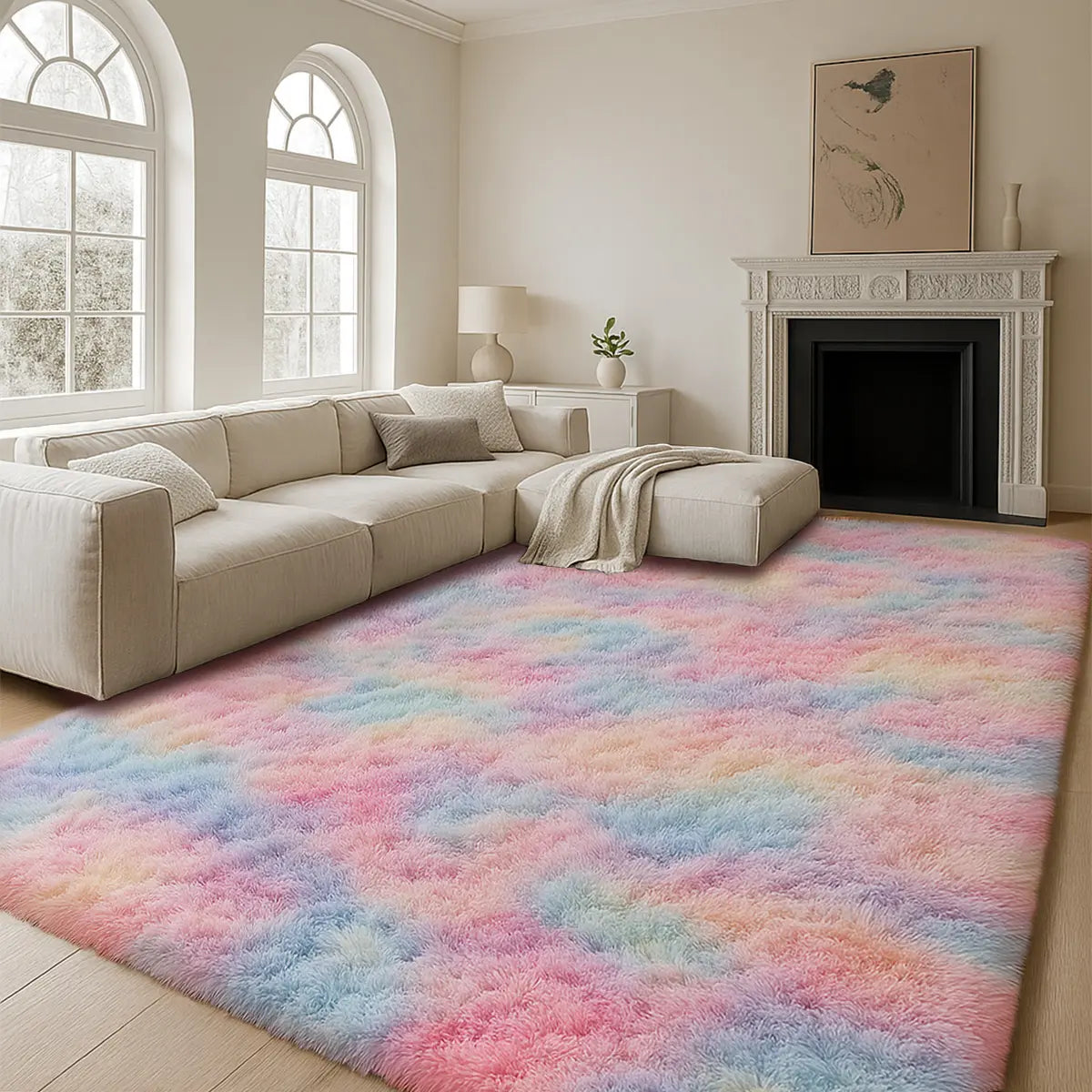 TABAYON Large Shaggy Tie-Dye Area Rug - Non-Slip Fluffy Carpet for Living Room, Bedroom, and Playroom Decor