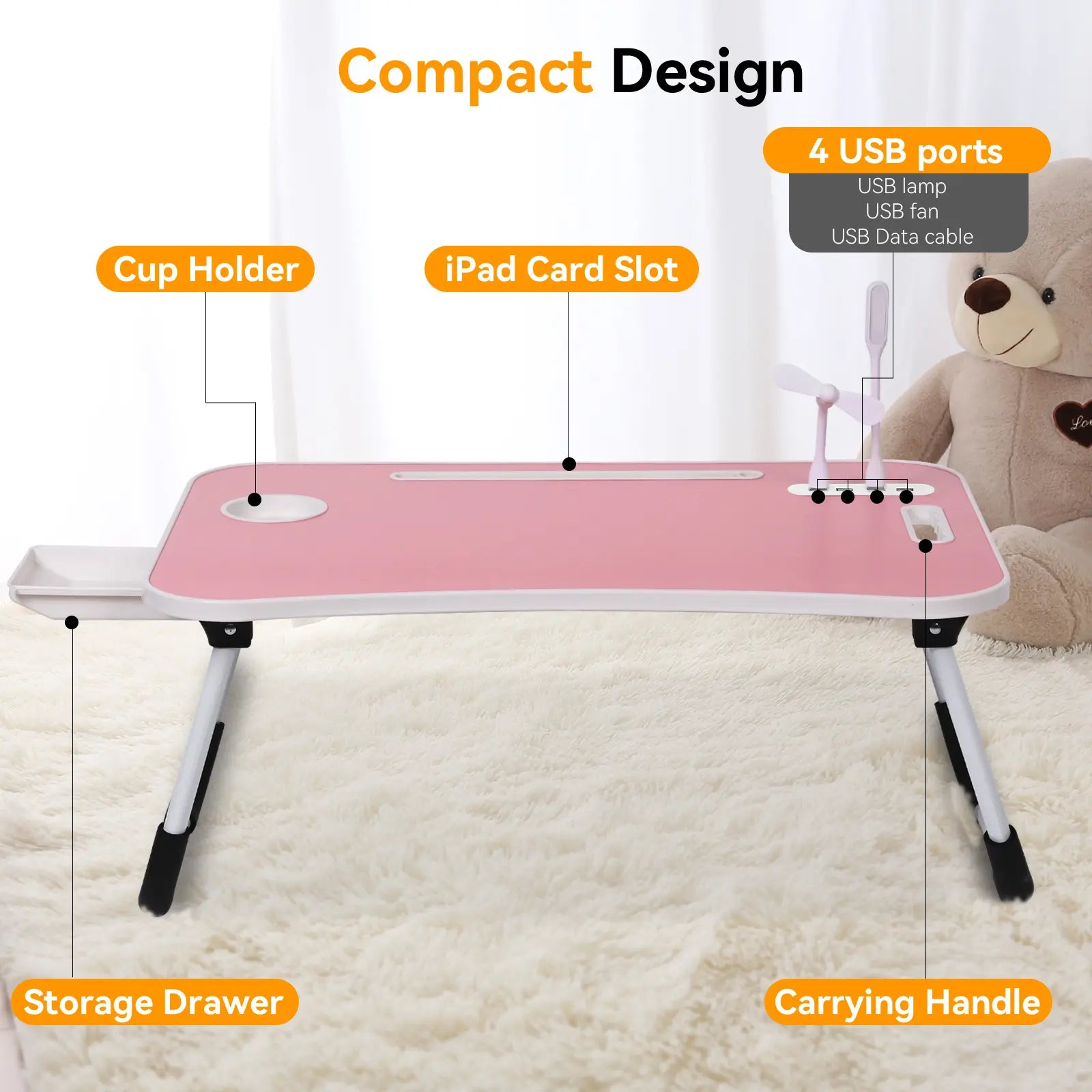 WGCTEK Portable Foldable Laptop Bed Desk with USB Ports, Storage Drawer, and Cup Holder for Comfortable Working and Reading on Bed or Couch - Available in Black, White, Pink, and Walnut