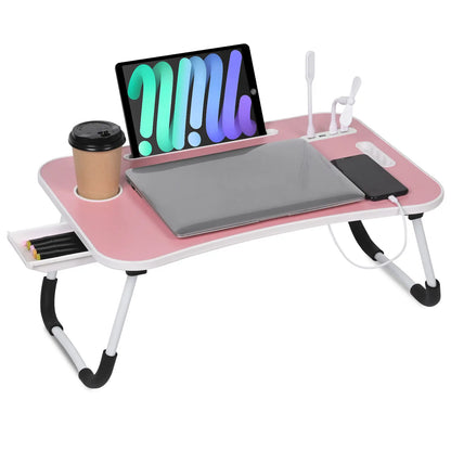 WGCTEK Portable Foldable Laptop Bed Desk with USB Ports, Storage Drawer, and Cup Holder for Comfortable Working and Reading on Bed or Couch - Available in Black, White, Pink, and Walnut