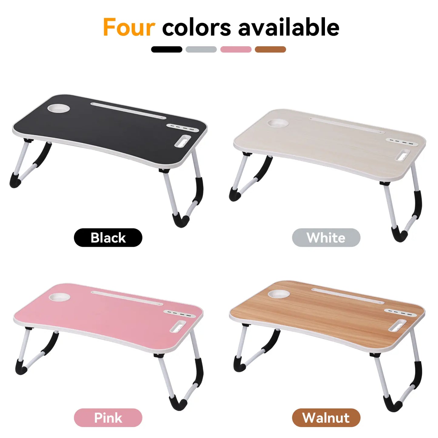 WGCTEK Portable Foldable Laptop Bed Desk with USB Ports, Storage Drawer, and Cup Holder for Comfortable Working and Reading on Bed or Couch - Available in Black, White, Pink, and Walnut