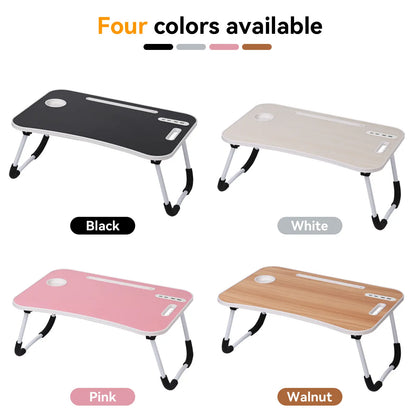 WGCTEK Portable Foldable Laptop Bed Desk with USB Ports, Storage Drawer, and Cup Holder for Comfortable Working and Reading on Bed or Couch - Available in Black, White, Pink, and Walnut