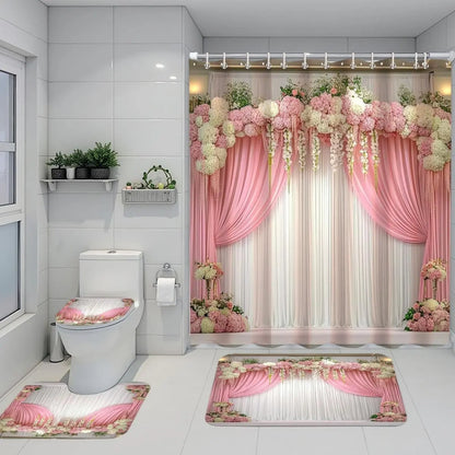 1/4 Bathroom Set, Artistic Print Shower Curtain, Toilet Accessories Combo, All-Season Use, Waterproof, Anti-Slip Mat, Soft & Durable, Shower Curtain Sets, Shower Essentials