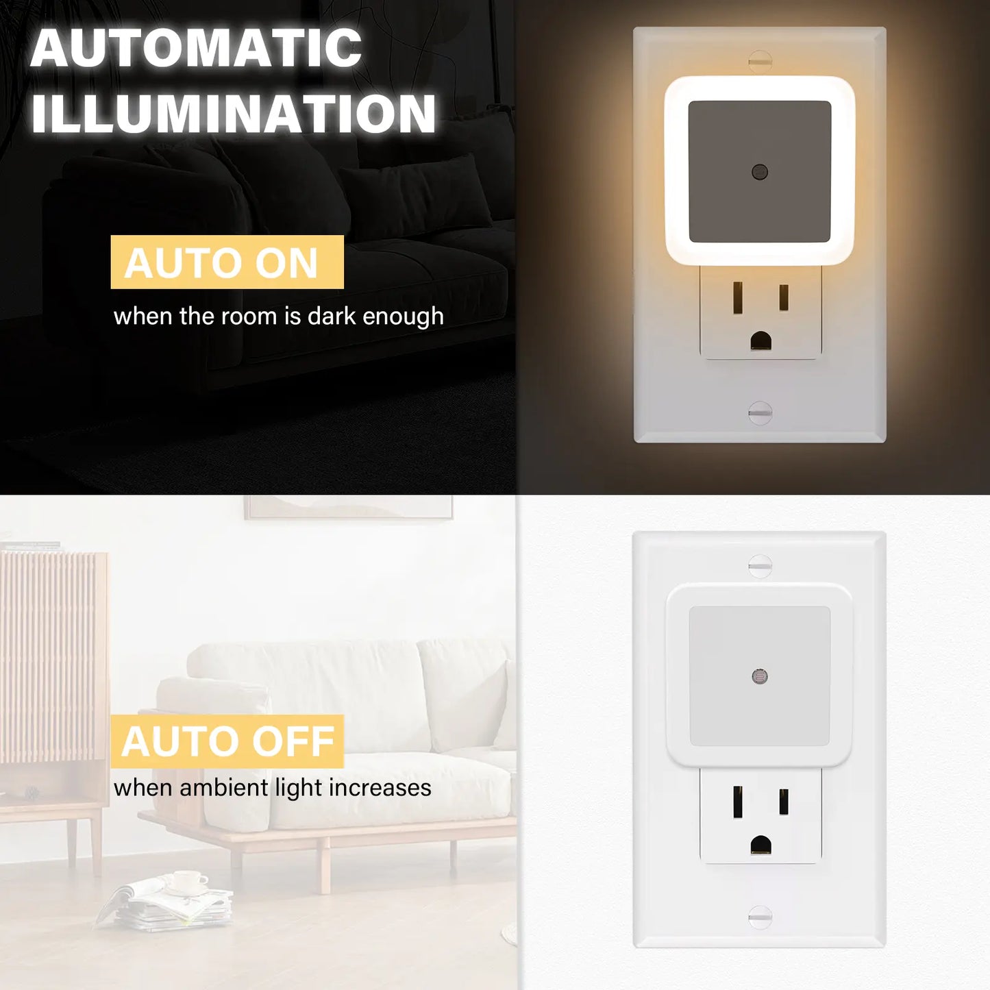 LED Dusk to Dawn Night Lights - 6-Pack Plug-In Warm White Lighting for Bedroom, Bathroom, and Hallway