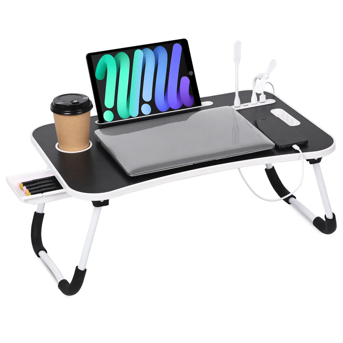WGCTEK Portable Foldable Laptop Bed Desk with USB Ports, Storage Drawer, and Cup Holder for Comfortable Working and Reading on Bed or Couch - Available in Black, White, Pink, and Walnut