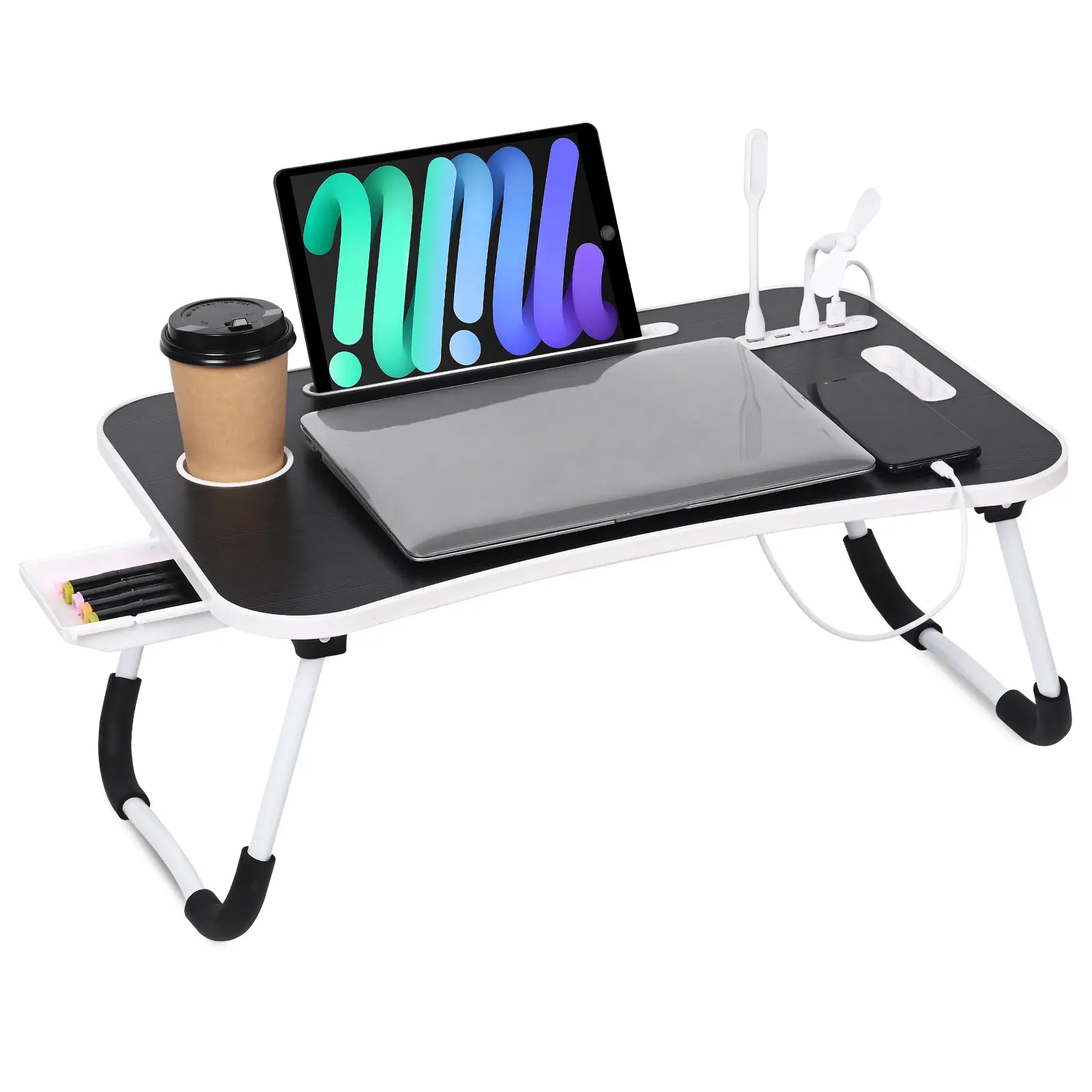 WGCTEK Portable Foldable Laptop Bed Desk with USB Ports, Storage Drawer, and Cup Holder for Comfortable Working and Reading on Bed or Couch - Available in Black, White, Pink, and Walnut