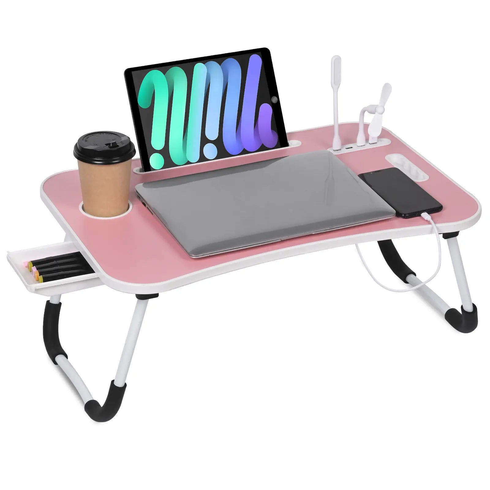 WGCTEK Portable Foldable Laptop Bed Desk with USB Ports, Storage Drawer, and Cup Holder for Comfortable Working and Reading on Bed or Couch - Available in Black, White, Pink, and Walnut