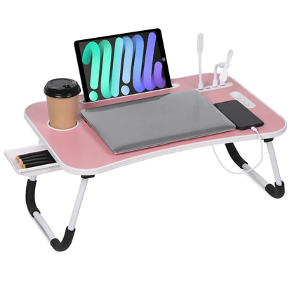 WGCTEK Portable Foldable Laptop Bed Desk with USB Ports, Storage Drawer, and Cup Holder for Comfortable Working and Reading on Bed or Couch - Available in Black, White, Pink, and Walnut