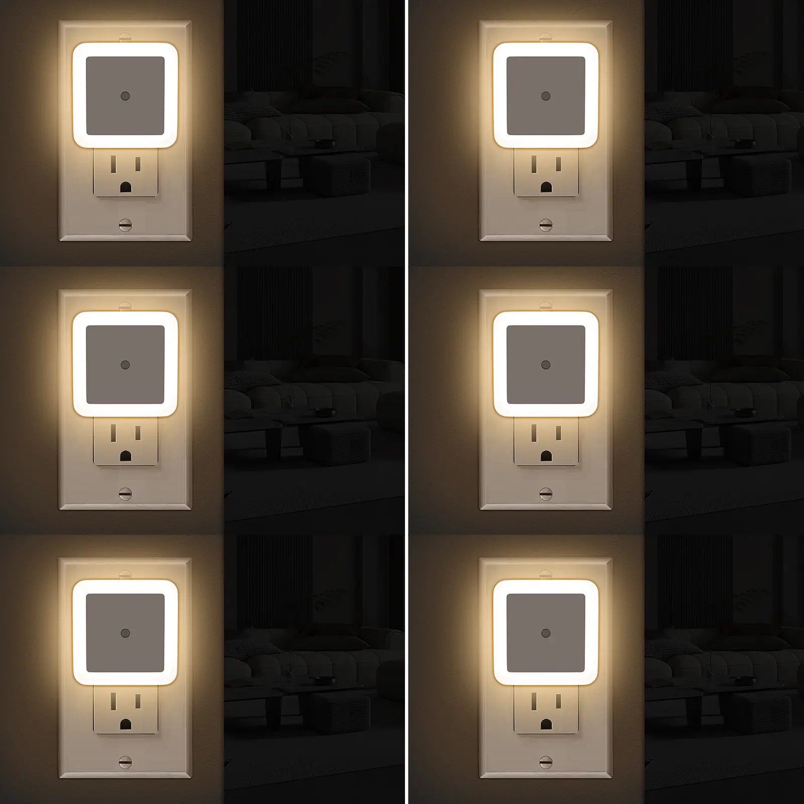 LED Dusk to Dawn Night Lights - 6-Pack Plug-In Warm White Lighting for Bedroom, Bathroom, and Hallway