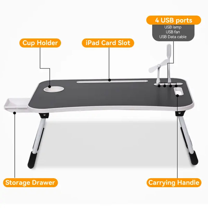 WGCTEK Portable Foldable Laptop Bed Desk with USB Ports, Storage Drawer, and Cup Holder for Comfortable Working and Reading on Bed or Couch - Available in Black, White, Pink, and Walnut