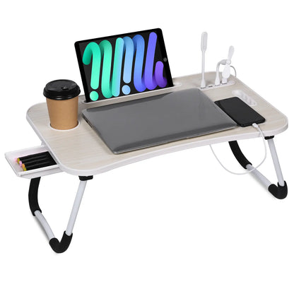WGCTEK Portable Foldable Laptop Bed Desk with USB Ports, Storage Drawer, and Cup Holder for Comfortable Working and Reading on Bed or Couch - Available in Black, White, Pink, and Walnut