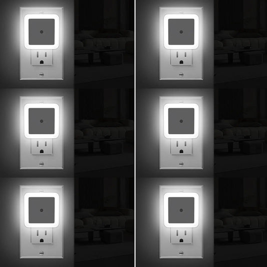 LED Dusk to Dawn Night Lights - 6-Pack Plug-In Warm White Lighting for Bedroom, Bathroom, and Hallway