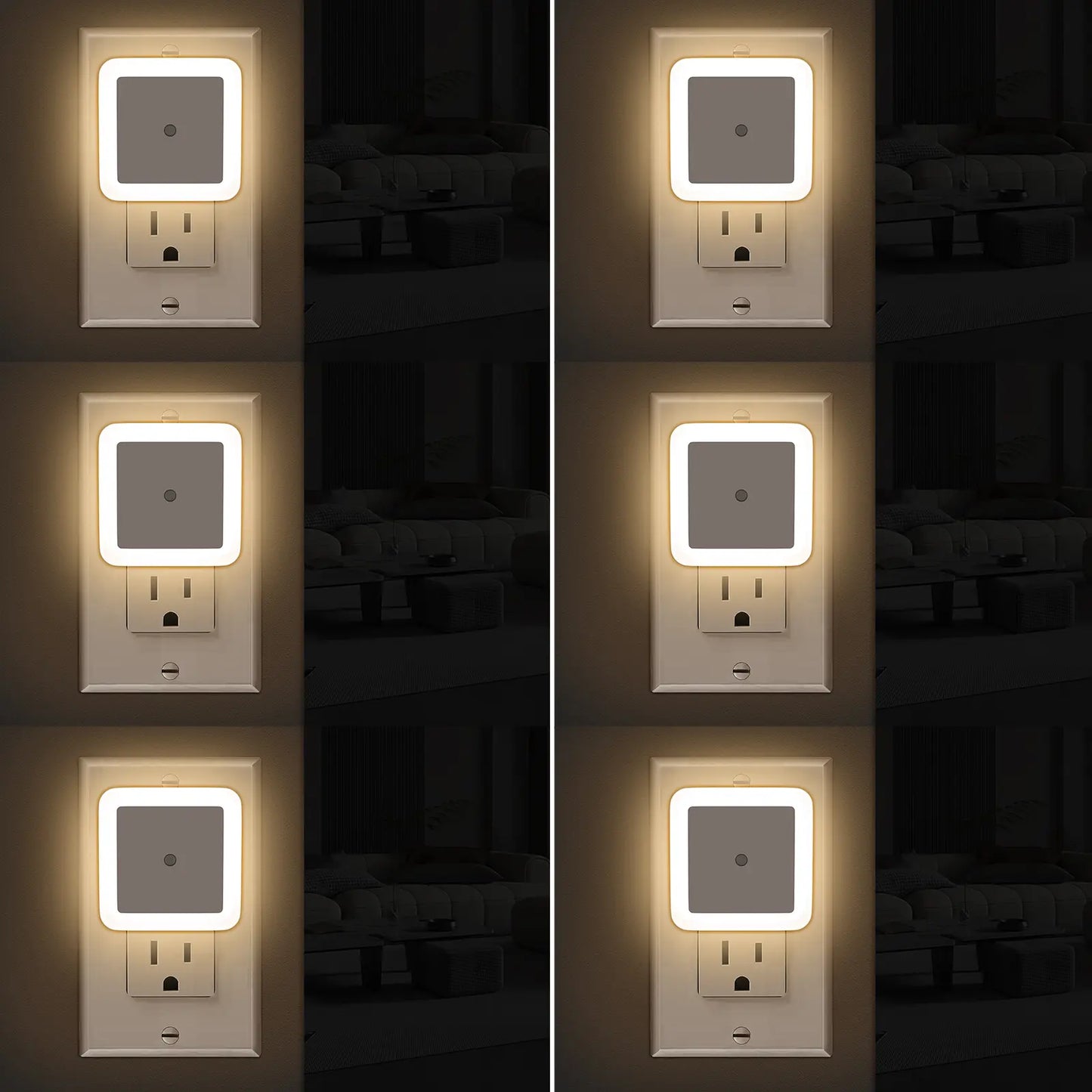 LED Dusk to Dawn Night Lights - 6-Pack Plug-In Warm White Lighting for Bedroom, Bathroom, and Hallway