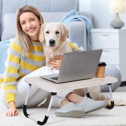 WGCTEK Portable Foldable Laptop Bed Desk with USB Ports, Storage Drawer, and Cup Holder for Comfortable Working and Reading on Bed or Couch - Available in Black, White, Pink, and Walnut