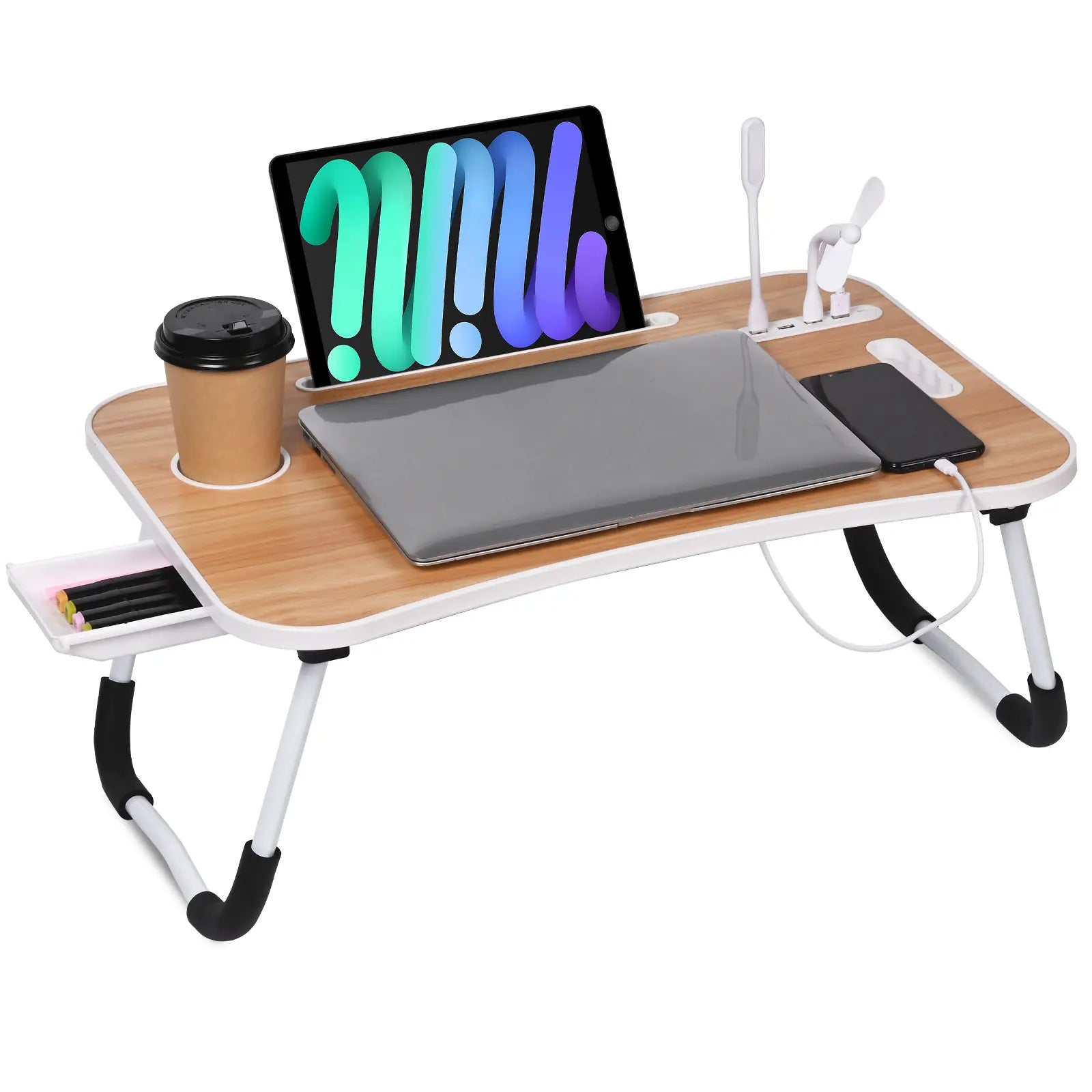 WGCTEK Portable Foldable Laptop Bed Desk with USB Ports, Storage Drawer, and Cup Holder for Comfortable Working and Reading on Bed or Couch - Available in Black, White, Pink, and Walnut
