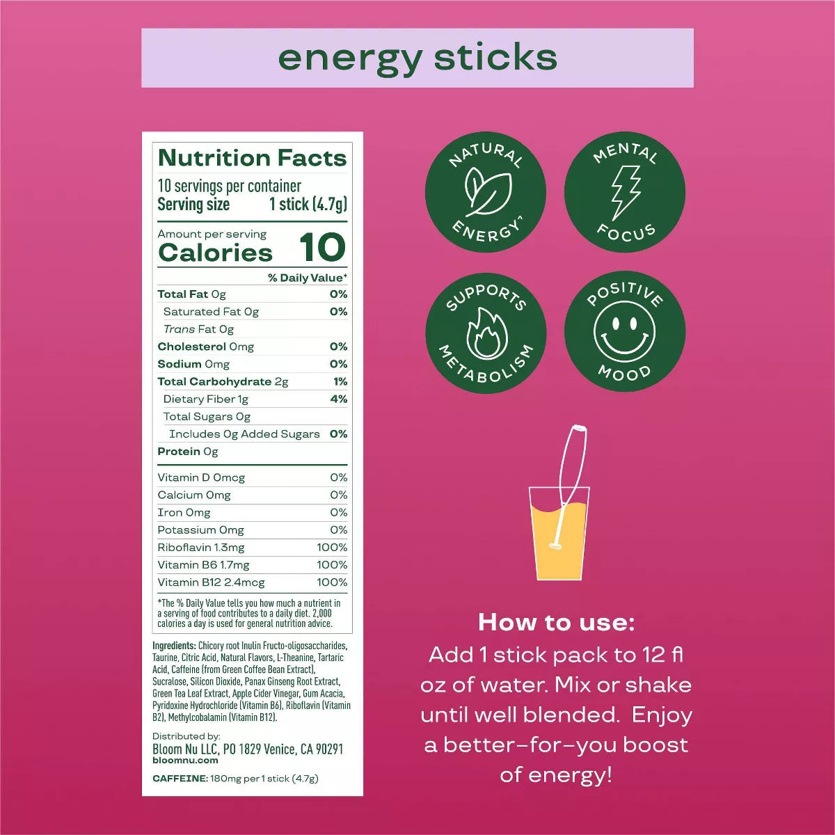 BLOOM NUTRITION Natural Energy Stick Packs - 10Pk