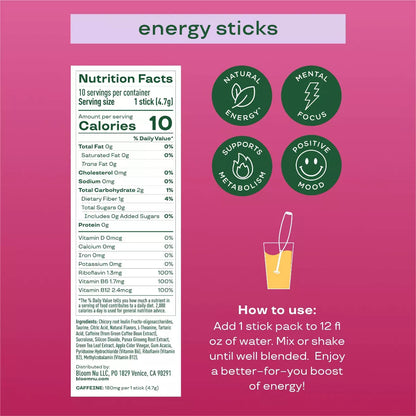 BLOOM NUTRITION Natural Energy Stick Packs - 10Pk
