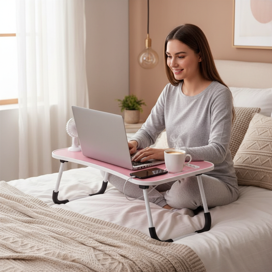 Portable Foldable Laptop Bed Desk with USB Ports, Storage Drawer, and Cup Holder for Comfortable Working and Reading on Bed or Couch - Available in Black, White, Pink, and Walnut